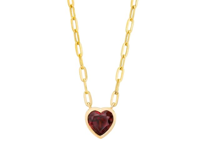 Costco Garnet 14kt Yellow Gold Heart Paperclip Necklace 