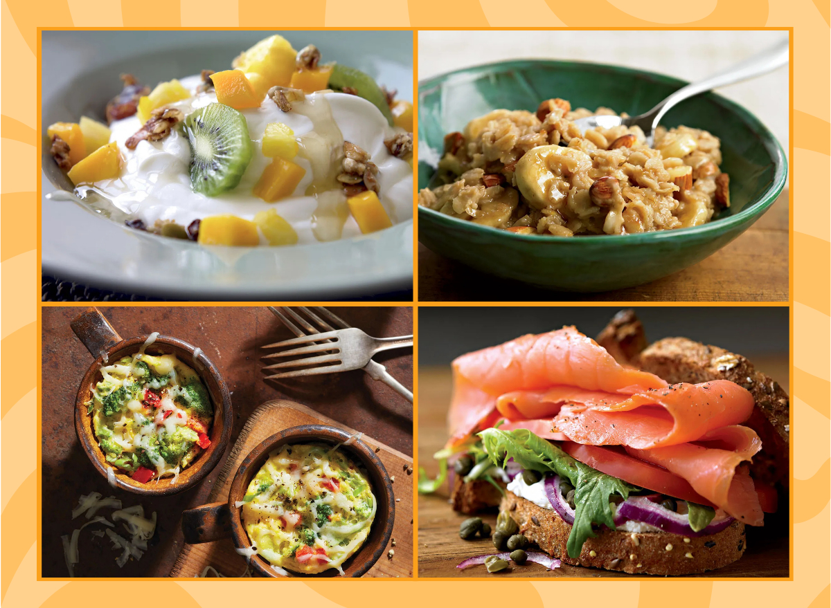 collage of four healthy easy breakfast ideas yogurt oatmeal eggs salmon