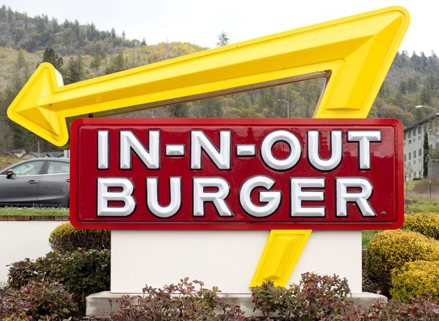 In-N-Out Burger sign is seen at its restaurant in Grants Pass, Oregon. In-N-Out Burger is an American regional fast food chain based in Irvine, California.