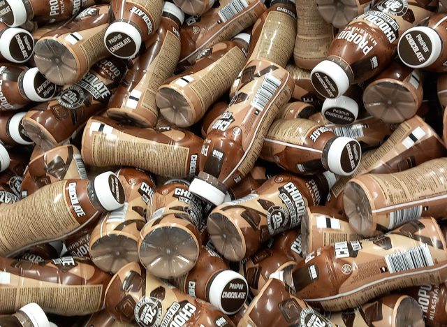 Plastic bottles, Propud chocolate drink, high on protein to drink after training, on display at the famous discount department store