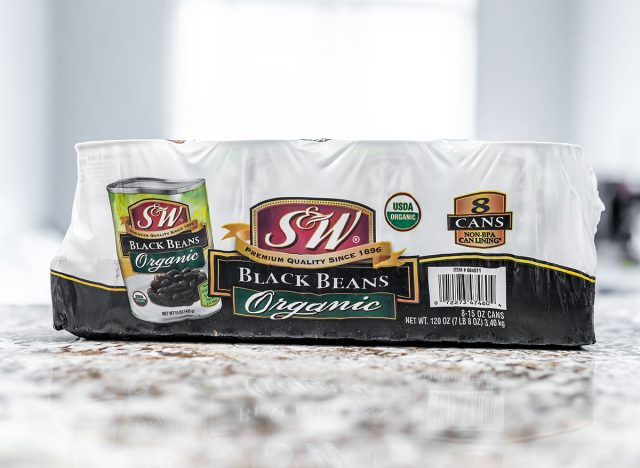 Avon, USA - August 19, 2022: Organic brand product of SW packaging of canned black beans bought from Costco