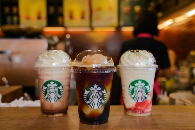 Bangkok, Thailand - june 7, 2022 : Starbuck Honey Ruby Grapefruit Cold Brew,Hazelnut Mocha cheese cake Frappuccino and Srawberry Rasberry Cheesecake Frappuccino at Starbucks Coffee shop