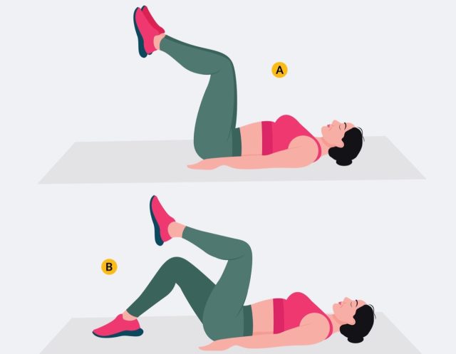 Supine toe tap exercise, Woman workout fitness, aerobic and exercises.