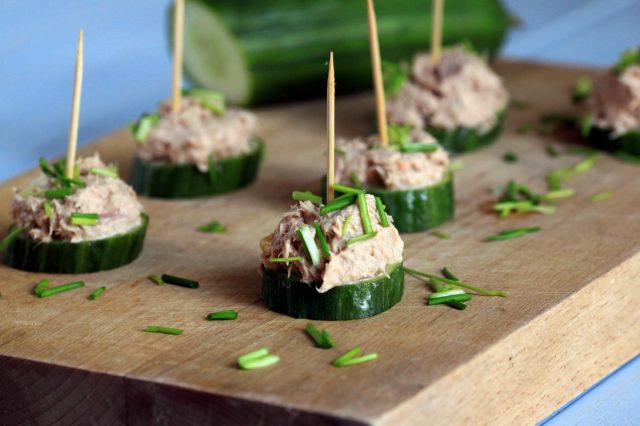 Tuna salad on cucumber slice.