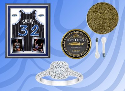 An autographed Shaquille O'Neal jersey, engagement ring, and caviar set against a blue background