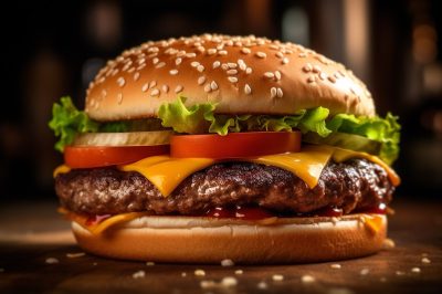 classic tasty burger on a wooden tablet, burger menu, junk fast food, french fries and the burger with meat, cooking a burger at home