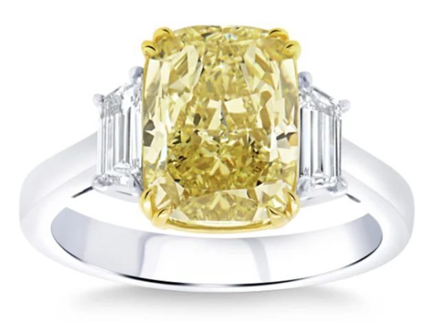 Cushion Cut 4.10 Center VS2 Clarity, Fancy Intense Yellow Diamond Platinum Three Stone Ring