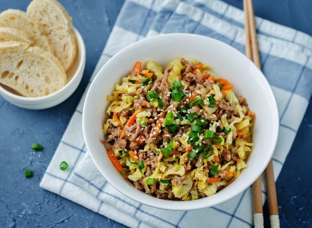 Beef and cabbage stir fry. toning. selective focus