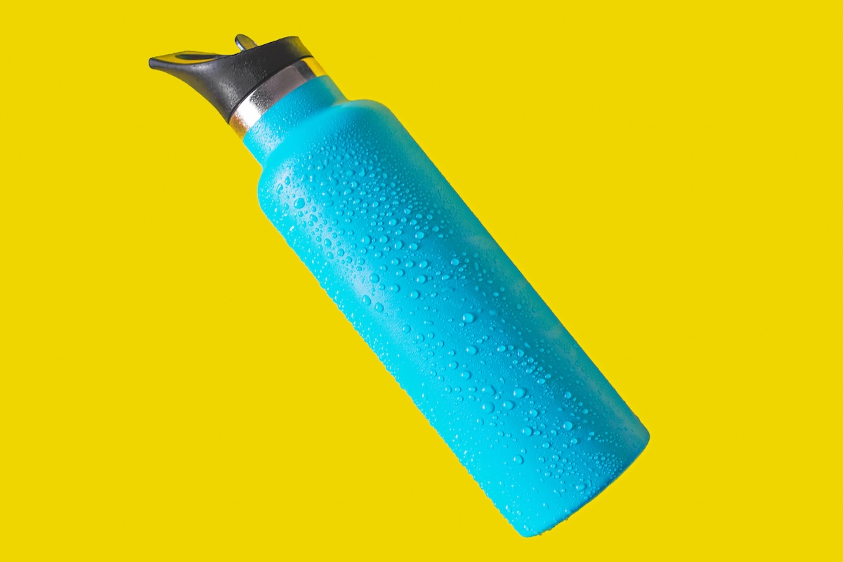 Top,View,Thermos,Water,Bottle.,Blue,Water,Bottle,Wet,Isolated