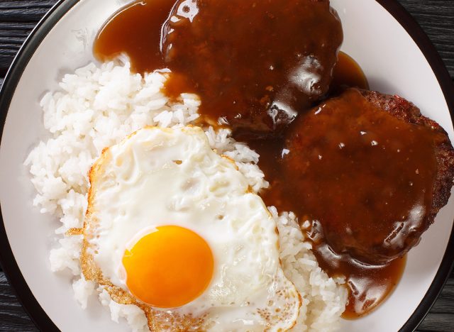 steamed rice with juicy hamburger steak, fried egg and smothered in a flavorful gravy