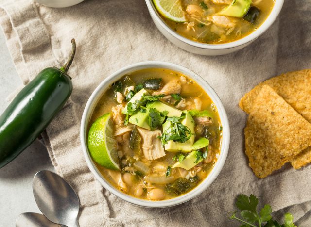 Homemade White Chicken Chili con Carne with Tortilla Chips