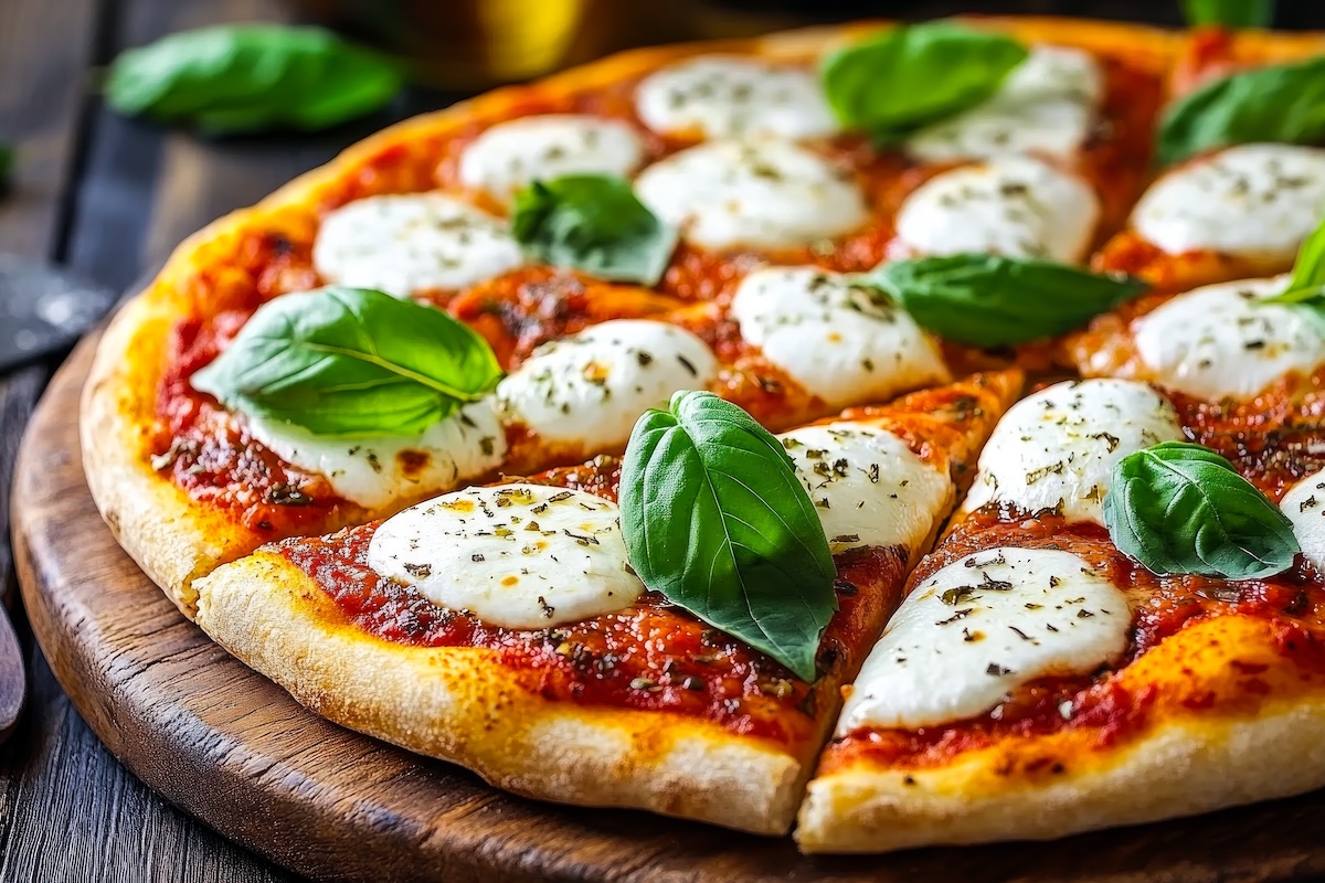 Sliced,Pizza,Margherita,Is,Garnished,With,Fresh,Basil,Leaves,And