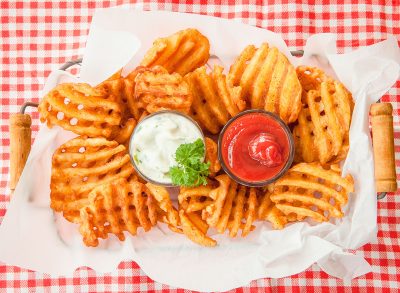 Fresh waffle fries with ketchup and mayonnaise