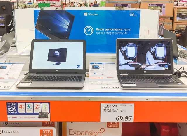 A selection of modern HP Pavilion laptops/notebook sale at Costco store. A membership only warehouse club, the second largest retailer in USA, known for its low-price offer.