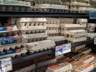 San Francisco, California April 27, 2019: Trader Joe s eggs in refrigerated section of grocery store