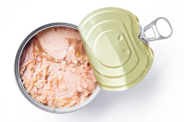 canned tuna isolated on white / Canned soy free albacore white meat tuna packed in water / open tuna tin on a white background