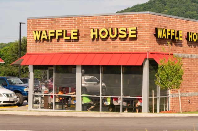 Waynesboro, Virginia, US - July 2, 2023: Brick construction of a Waffle House fast food diner location