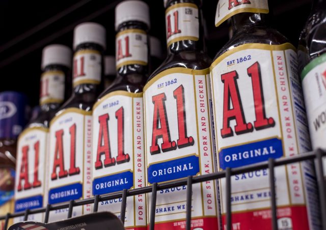 Manila, Philippines - July 2021: Rows of A1 steak sauce for sale at an aisle of a supermarket.