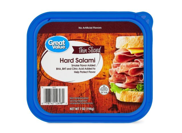 Package of Great Value Hard Salami on a white background