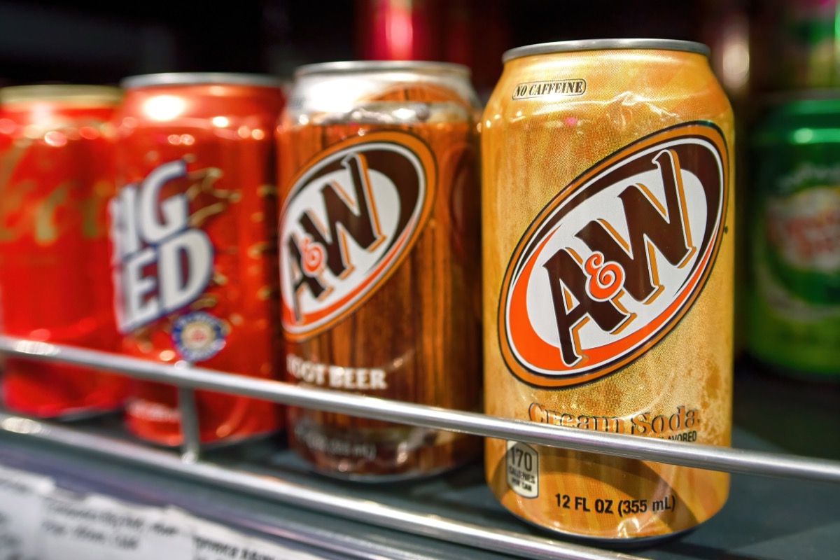 Minsk, Belarus. Jun 17, 2023. A and W Cream Soda soft drink in aluminium can, carbonated soft drink. Soda beverage standing on shelf for sale in supermarket