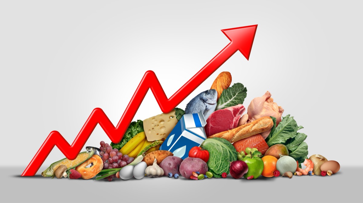 Soaring food cost and rising grocery prices surging costs of supermarket groceries as an inflation financial crisis concept as a finance graph arrow with 3d illustration elements.