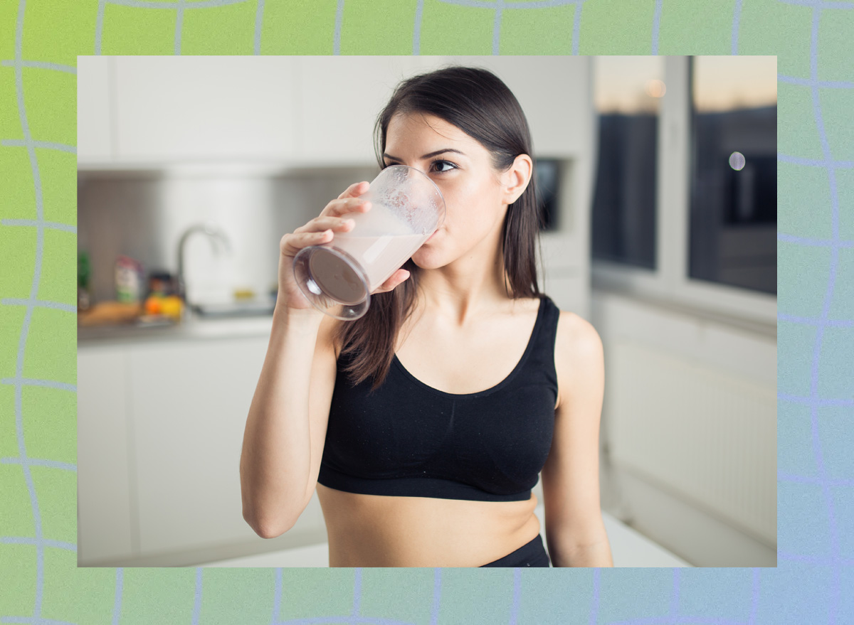 Woman drinking a protein shake.