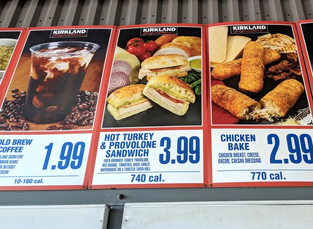 Costco Food Court Menu featuring Cold Brew Coffee, Hot Turkey and Provolone Sandwich, Chicken Bake, Yogart, and Acai Bowl.