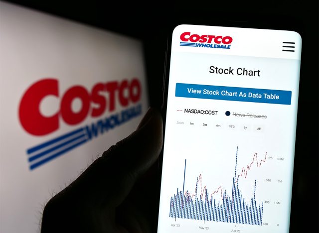 Person holding cellphone with webpage of US company Costco Wholesale Corporation on screen in front of logo. Costco stock. 