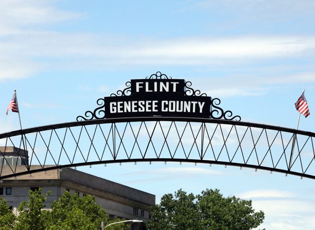 A sign at the entrance to downtown Flint, Michigan on June 10, 2024. Flint is the largest city and seat of Genesee County, Michigan. 